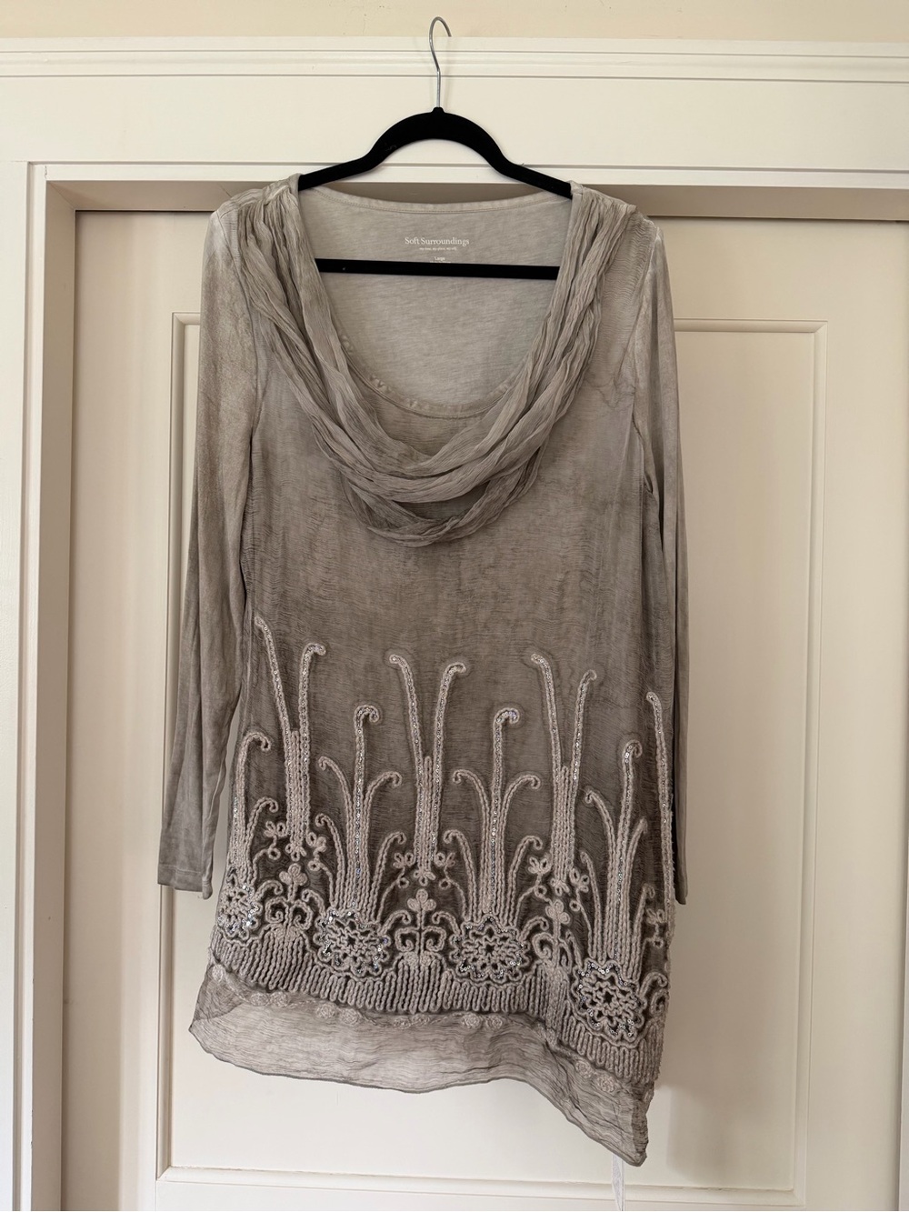 Soft Surroundings 100% Silk Taupe Soutache Embroidered Sequin Tunic Top L NWT